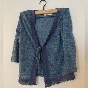 Romy Blue Marled Hooded Cardigan Sweater Lace Trim Boho Tie Front Women’s Size S